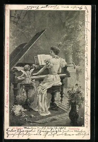 Künstler-AK Hans Zatzka: Vierhändig, Eine Frau sitzt zusammen mit Amor an einem Flügel, beide spielen Klavier