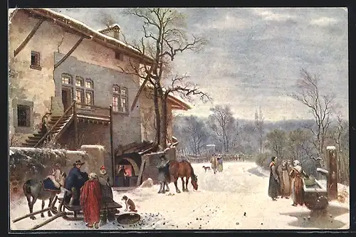 Künstler-AK Der Köhler in der schneebedeckten Ortschaft, Pro Juventute