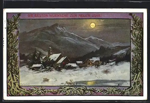 Künstler-AK August Splitgerber: Mondschein über einem Dorf mit Kirche, Neujahrskarte