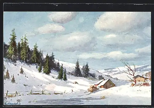 Künstler-AK August Splitgerber: verschneite Häuser an einem Hügel