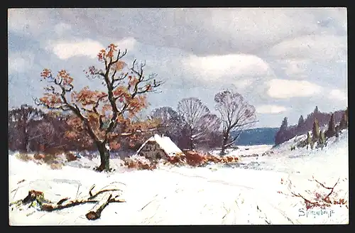 Künstler-AK August Splitgerber: Einzelnes Haus in winterlicher Landschaft