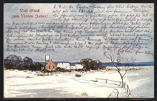 Künstler-AK August Splitgerber: Feldpartie im Schnee mit kleiner Ortschaft und Kirche im Hintergrund, Neujahrskarte