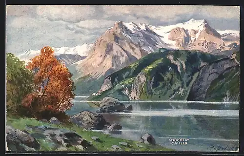 Künstler-AK August Splitgerber: steiniges Ufer an einem Bergsee gegen Gebirgsmassiv