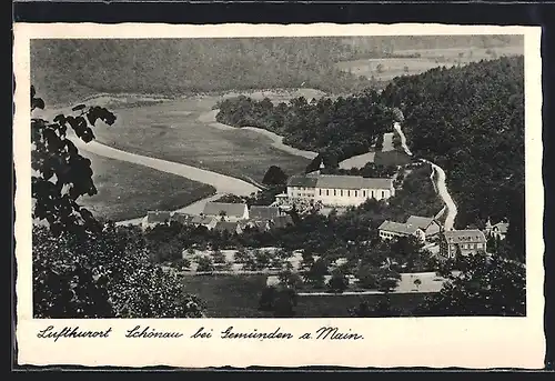 AK Schönau a. Main, Gasthaus-Waldcafé Zur schönen Au & Villa Elisabeth aus der Vogelschau