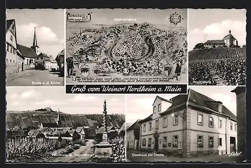 AK Nordheim a. Main, Gasthaus zur Sonne, Vogelsburg, Ansicht des Weinortes