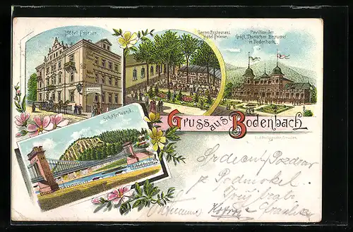 Lithographie Bodenbach, Hotel Frieser mit Garten Restaurant, Pavillon der Gräfl. Thunschen Brauerei in Bodenbach
