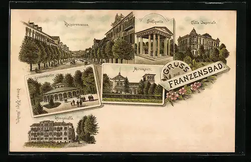 Vorläufer-Lithographie Franzensbad, 1895, Blick in die Kaiserstrasse, Königsvilla, Stahlquelle