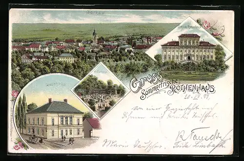 Lithographie Görkau, Gasthaus Rothenhaus, Schloss und Colonnade