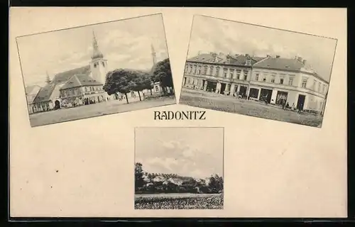 AK Radonitz, Strassenpartie mit Galanteriewarenhandlung, Kirche, Ortsansicht