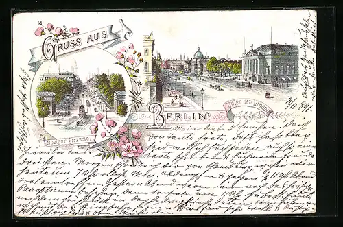 Vorläufer-Lithographie Berlin, 1891, Unter den Linden, Leipziger Strasse, Strassenbahn