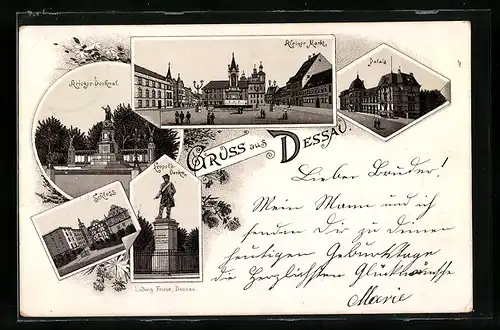 Vorläufer-Lithographie Dessau, 1895, Kleiner Markt, Krieger-Denkmal, Schloss, Palais