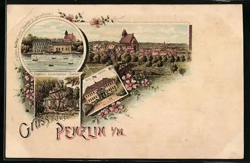 Lithographie Penzlin i. M., P. Günthers Kur-Hotel und Concertgarten Seehof, Burg