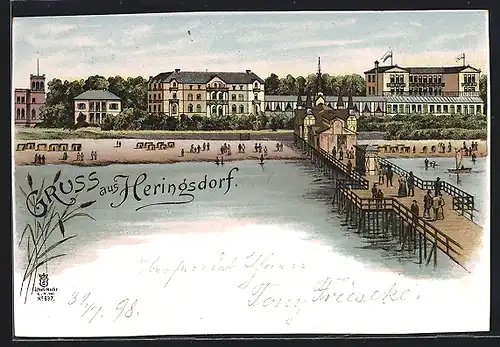 Lithographie Heringsdorf, Panorama mit Hotels und Seebrücke