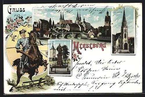 Lithographie Merseburg, Königliches Schloss, Kaiser Friedrich Denkmal, Stadt Kirche