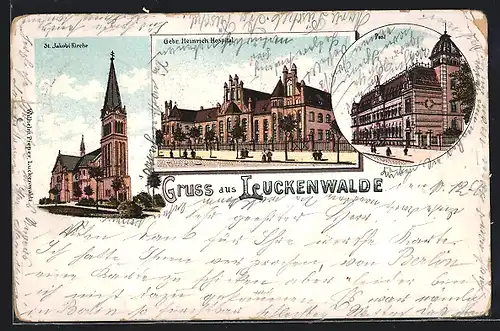Lithographie Luckenwalde, Gebr. Heinrich Hospital, Post, St. Jakob-Kirche