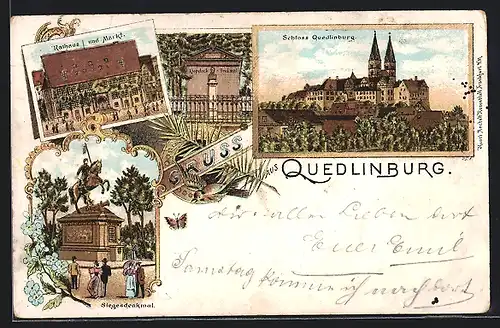 Lithographie Quedlinburg, Rathaus und Markt, Klopstock-Denkmal, Schloss