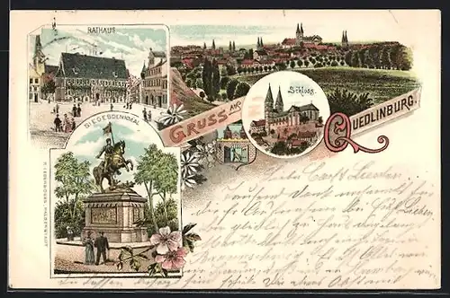 Lithographie Quedlinburg, Rathaus, Siegesdenkmal, Schloss