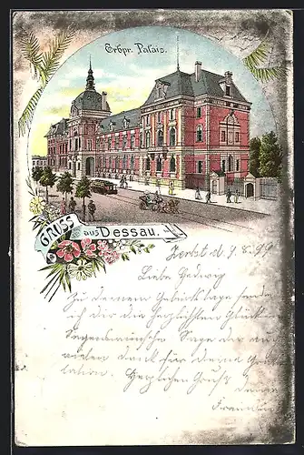 Lithographie Dessau, Strassenpartie mit Strassenbahn am Erbpr. Palais