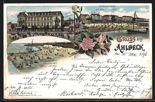 Lithographie Ahlbeck, Hotel Seeblick, Strandpartien mit dem Herrenbad u. Blick zum Ort, Segelboote