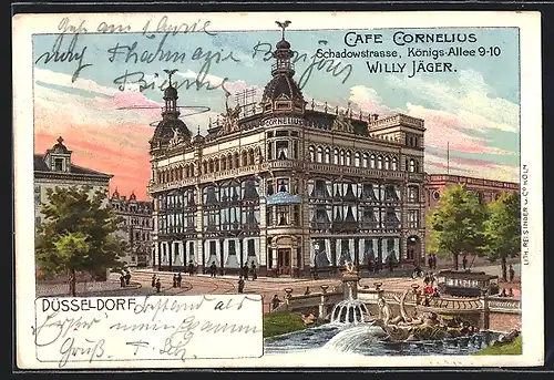 Lithographie Düsseldorf, Cafe Cornelius W. Jäger in der Schadowstrasse / Königsallee 9-10, mit Bootspartie