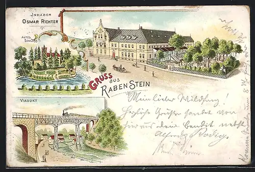 Lithographie Rabenstein, Gasthof zum goldenen Löwen O. Richter, Viadukt, Altes Schloss