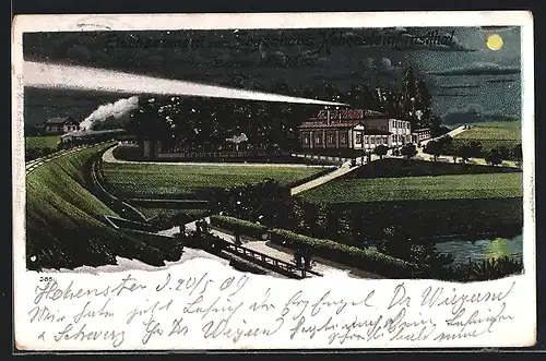 Lithographie Hohenstein-Ernstthal, Gaststätte Etablissement zum Logenhaus bei Vollmond, Brücke, Eisenbahn