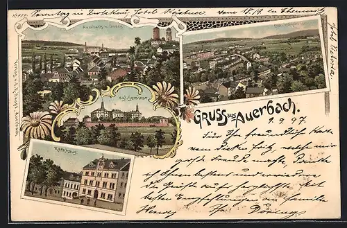 Lithographie Auerbach, Rathaus und Bahnhofstrasse