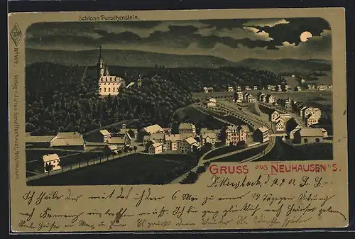 Lithographie Neuhausen /Sa., Gesamtansicht mit Schloss Purschenstein bei Vollmond