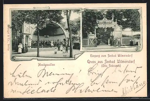 AK Berlin-Wilmersdorf, Gaststätte Seebad O. Schramm, Eingang und Musikpavillon