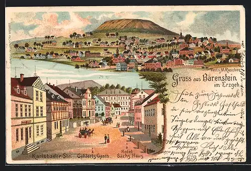 Lithographie Bärenstein /Erzgeb., Karlsbader Strasse mit Gehlerts Gasthaus und Hotel Sächs. Haus, Gesamtansicht