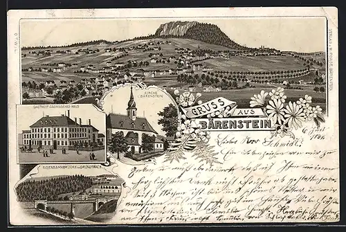 Lithographie Bärenstein, Gasthof Sächsisches Haus, Kirche, Eisenbahnbrücke im Grundthale