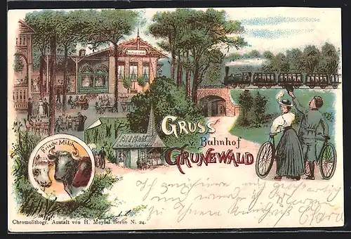 Lithographie Berlin-Grunewald, Bahnhof mit Café, Frische Milch, Kühe