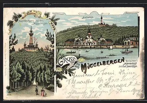 Lithographie Berlin-Köpenick, Gasthaus Marienlust, Aussichtsthurm auf den Müggelbergen