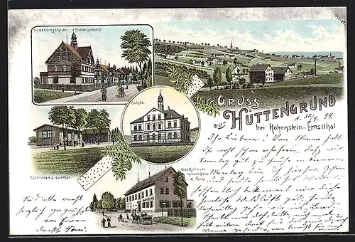 Lithographie Hüttengrund, Genesungsheim Bethlehemsstift, Gasthof zum heitern Blick und Kirche