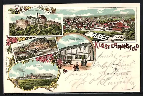 Lithographie Klostermansfeld, Gasthaus zum Grafen v. Klostermansfeld, Bahnhof, Lichtloch 81