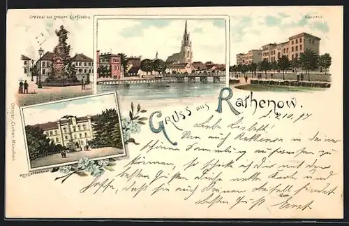 Lithographie Rathenow, Kaserne, Denkmal d. grossen Kurfürsten, Kriegerdenkmal