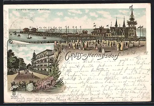Lithographie Heringsdorf, Kaiser-Wilhelm-Brücke und Seeschloss