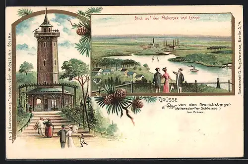 Lithographie Woltersdorf, Turm auf den Kranichsbergen, Blick auf Flakensee und Erkner