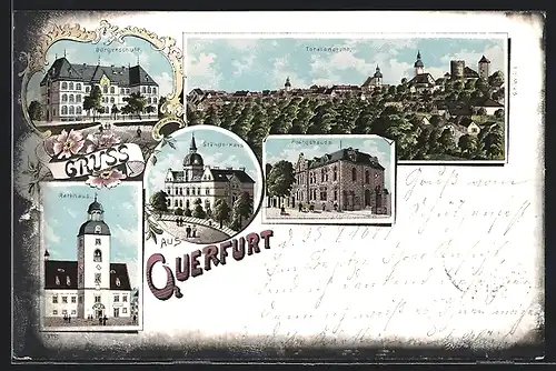 Lithographie Querfurt, Bürgerschule, Stände-Haus, Rathhaus, Postgebäude, Totalansicht aus der Vogelschau
