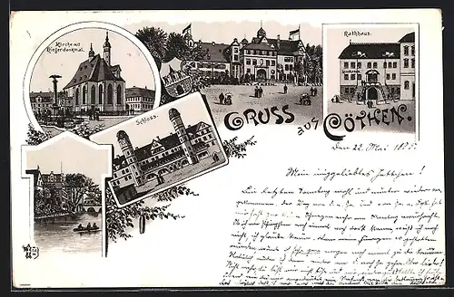 Lithographie Cöthen, Kirche mit Kriegerdenkmal, Schloss und Rathhaus