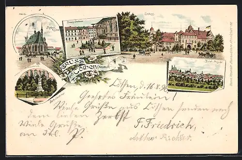 Lithographie Cöthen /Anhalt, Sieges-Denkmal, Reform. Kirche und Bach-Denkmal