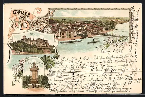 Lithographie Bernburg, Ortsansicht aus der Vogelschau, Blick auf Schloss und Krieger-Denkmal