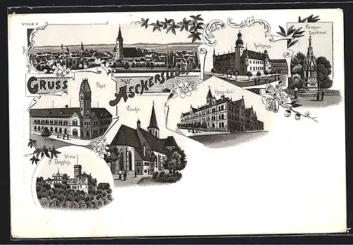 Lithographie Aschersleben, Villa Douglas, Hospital und Post