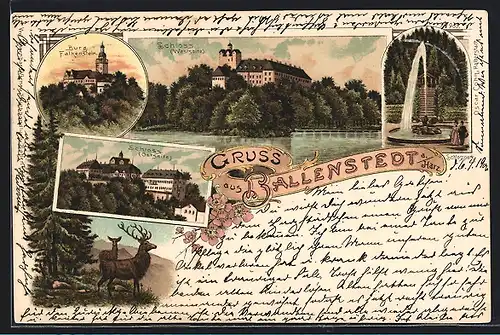 Lithographie Ballenstedt a. Harz, Burg Falkenstein, Schloss und Schlosspark