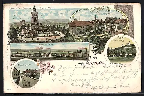 Lithographie Artern, Industrie-Viertel, Kaiser-Wilhelm-Denkmal auf dem Kyffhäuser, Sachsenburg