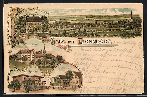 Lithographie Donndorf, Bahnhof, Kloster, Gasthaus Klosterschenke, Eisenbahn