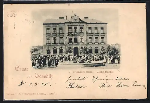 AK Gössnitz, Bismarckbrunnen und Neue Schule