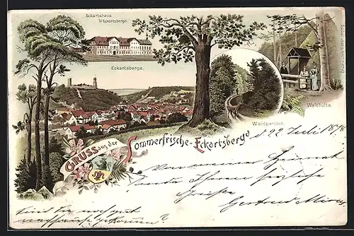 Lithographie Eckartsberga, Ortsansicht, Waldpartie & Waldhütte