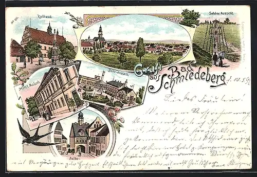 Lithographie Bad Schmiedeberg, Hotel Malsch, Auttor, Rathaus