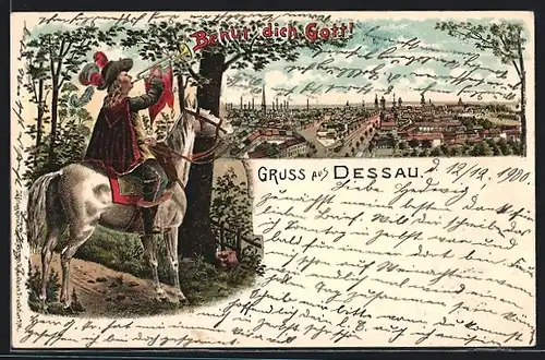 Lithographie Dessau, Behüt dich Gott, Trompeter zu Pferde blickt auf die Stadt